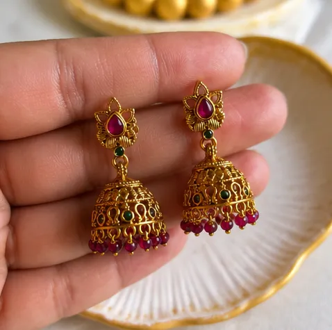 Mayura Lotus Ruby Traditional Jhumkas
